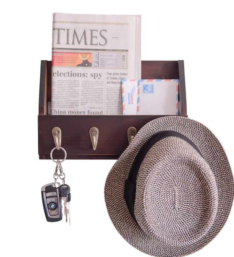 Flintar Wall Mount Key and Mail Holder with 4 Hooks. Made in Taiwan, Solid Wood. Use as Key Rack, Entryway or Mudroom Organizer, Mail & Bill Sorter, Magazine Holder (Walnut) - Image 1